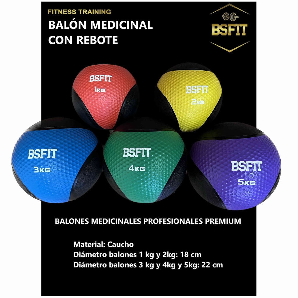 BSFIT Balón Medicinal de Goma Pro – 1 kg Pelota con rebote Medicinal - Balón Antideslizante para Levantamiento