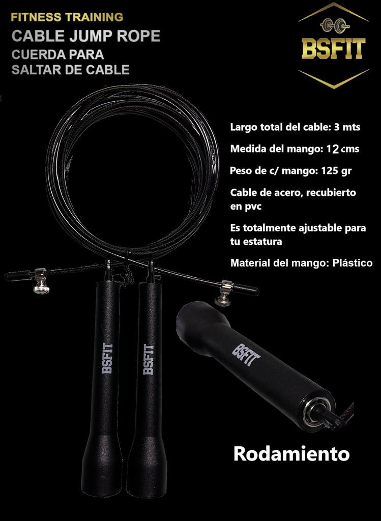BSFIT Cuerda para Saltar, Cuerda Saltar Comba con Mango Plastico Negro regulable cable acero y rodamientos.