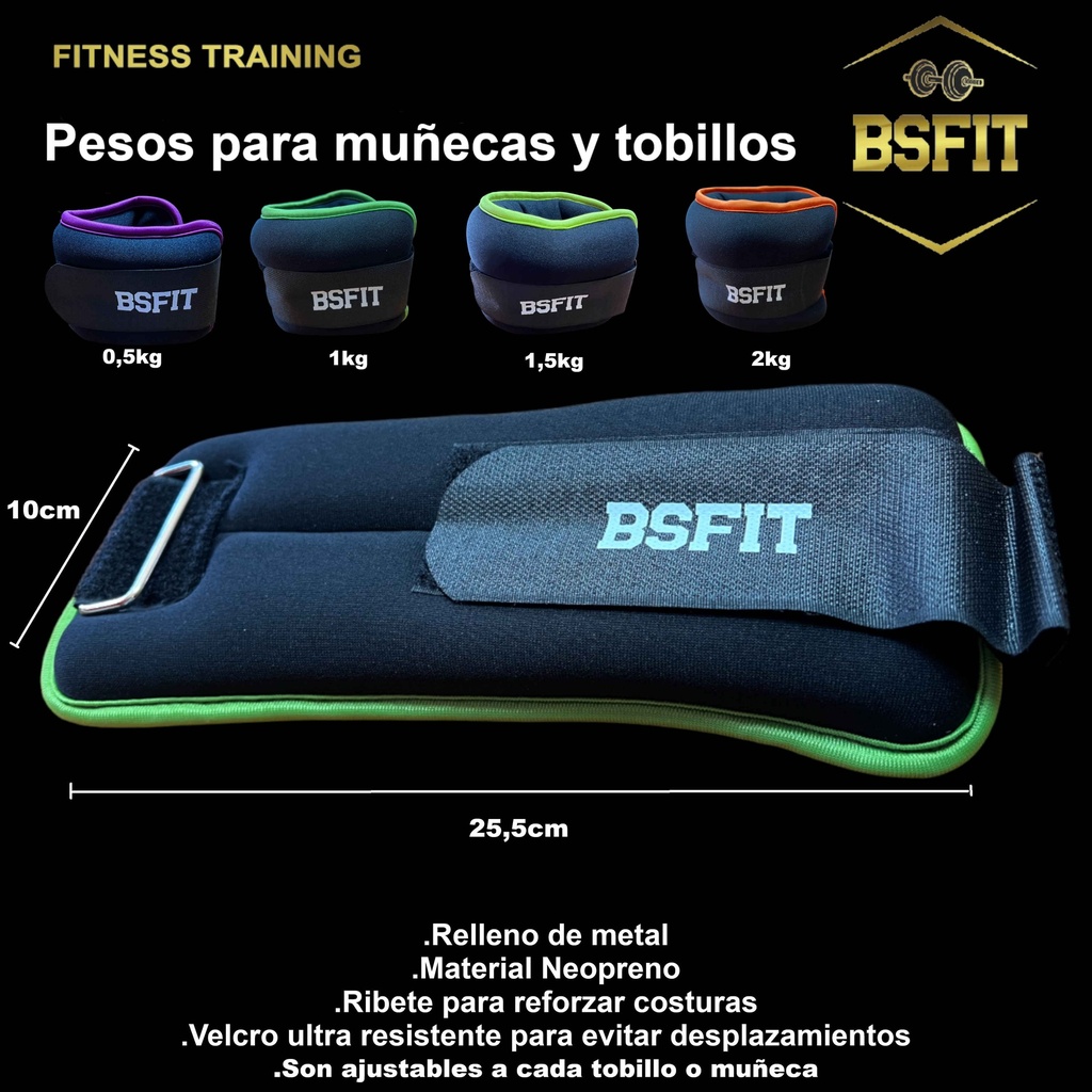 BSFIT® Tobilleras muñequeras 0,5kg - 2KG neoprene negro con ribete flúo en caja de color
