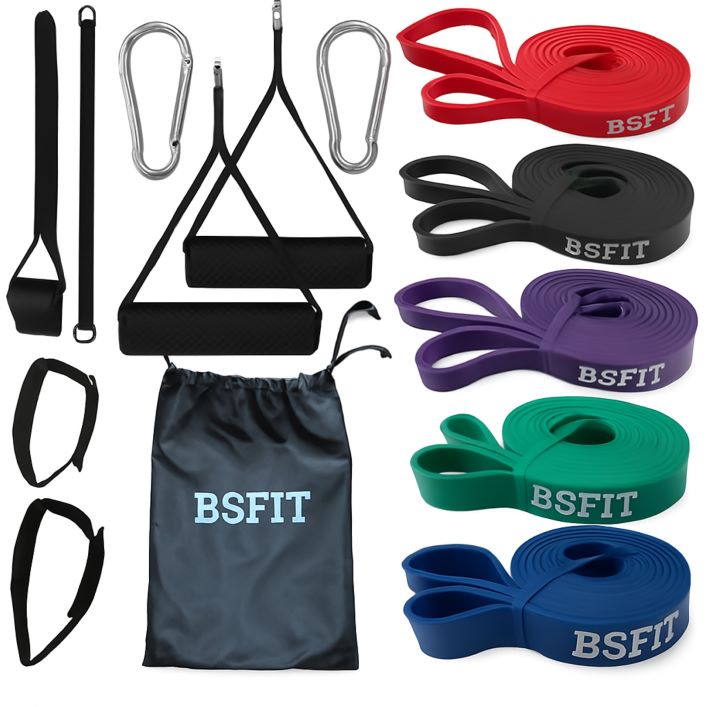 BSFIT Kit Bandas de Resistencia dominadas Elásticas Set con 5 Pull Up Bands, Manija, Anclaje de Puerta, Mosquetón