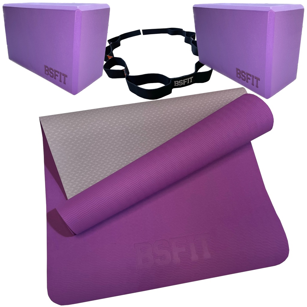 BSFIT® Kit Completo Yoga y Pilates, 1 esterilla de TPE premium 173x61x0,04 cm Embarazo, , 2 bloques ladrillo brick de yoga espuma eva 15x22,5x10 cms, 1 cinta de estiramiento
