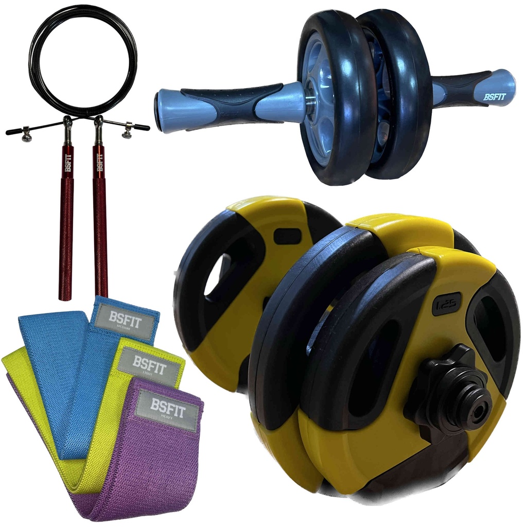 Super Kit funcional Rueda para abdominales, mancuernas ajustables, comba para saltar y 3 bandas resistencia de tela antideslizantes.