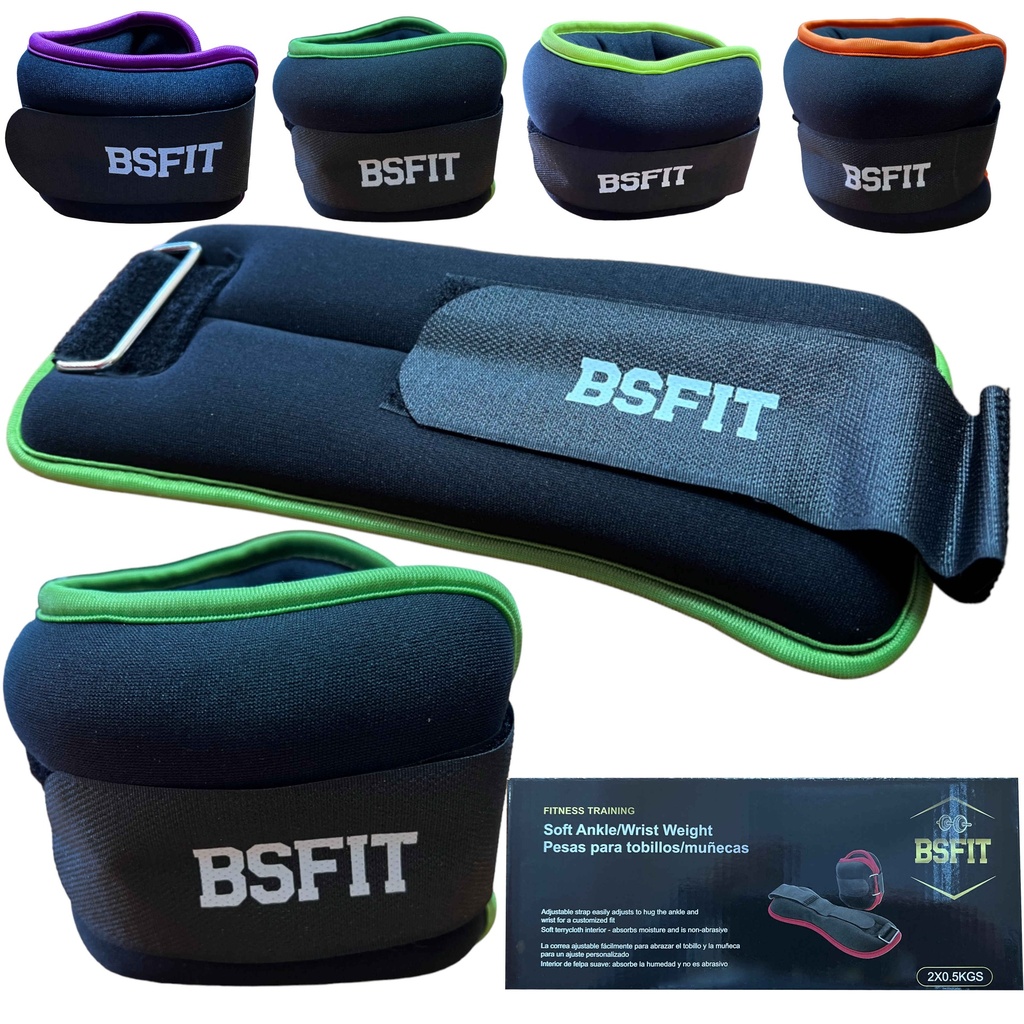 BSFIT® Tobilleras muñequeras 0,5kg - 2KG neoprene negro con ribete flúo en caja de color
