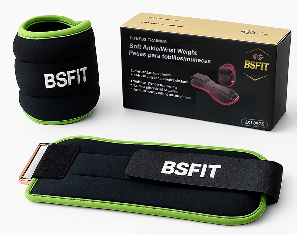 BSFIT® Tobilleras muñequeras 0,5kg - 2KG neoprene negro con ribete flúo en caja de color
