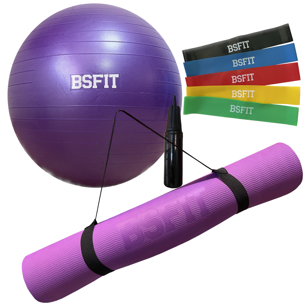 BSFIT Kit de Yoga, Pelota 65cm con Inflador, Esterilla TPE 4mm, Set 5 Bandas Circulares 