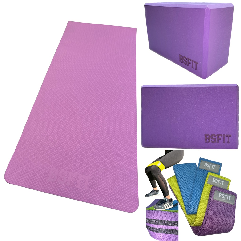 BSFIT Combo esterilla de 6mm, 2 bloques y set de 3 bandas de tela antideslizantes