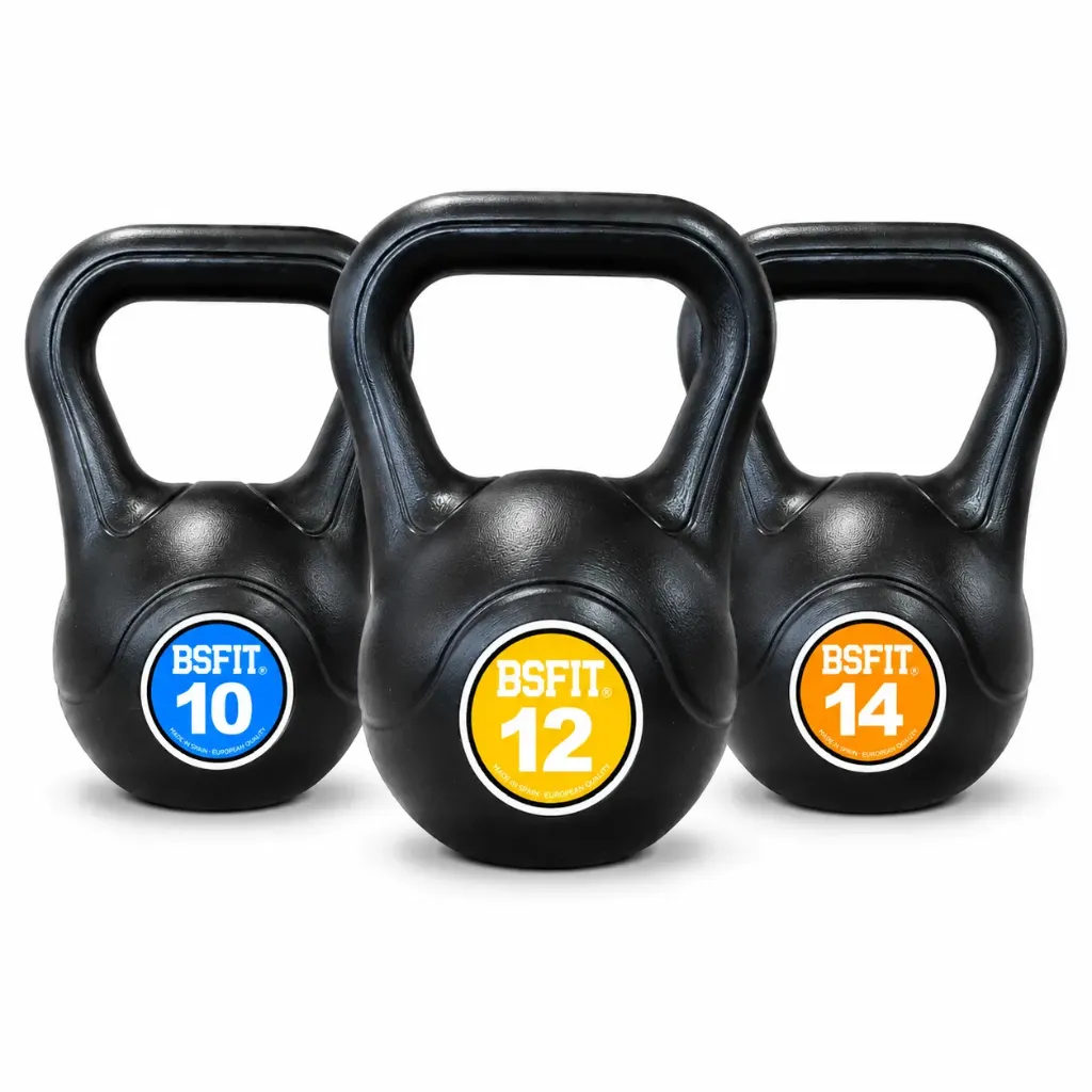 Set de Kettlebells BSFIT – Pack de Pesas Rusas de 2 o 3 Unidades, Pesas Rusas Antideslizantes para Fuerza, Fitness, Cross Training, Gimnasio y Entrenamiento en Casa (10 + 12 + 14 kg)