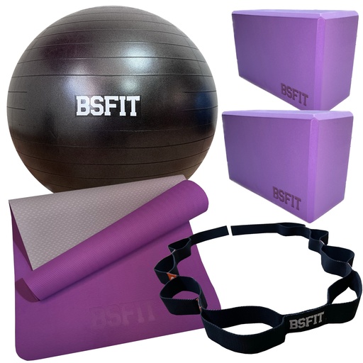 [YOGA2] BSFIT® Kit Premium Yoga Pilates Incluye 1 Esterilla TPE de 4mm + 1 pelota 75cm Pilates fitball fitness, 2 bloques y 1 cinta de estiramiento