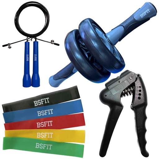 [KITHG-BANDAS] BSFIT Kit Rueda abdominales, comba para saltar, hand grip, set de bandas de resistencia circulares, entrenamiento funcional, gym en casa y de viaje