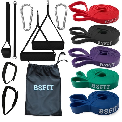 [BS97660SET] BSFIT Kit Bandas de Resistencia dominadas Elásticas Set con 5 Pull Up Bands, Manija, Anclaje de Puerta, Mosquetón