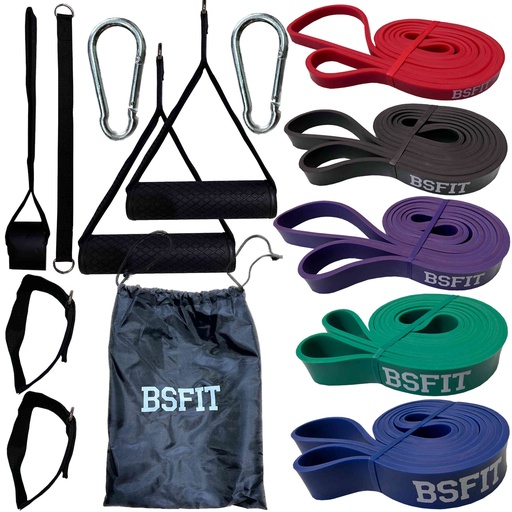 [BS97660SET] BSFIT Kit Bandas de Resistencia dominadas Elásticas Set con 5 Pull Up Bands, Manija, Anclaje de Puerta, Mosquetón
